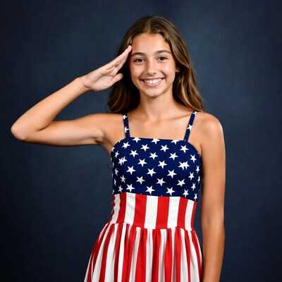 Girl saluting in American flag dress