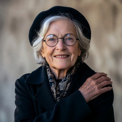 Elderly woman in beret and glasses