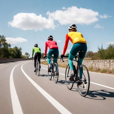 Three women cycling on curved road