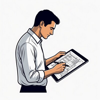 Asian man drawing blueprint on tablet