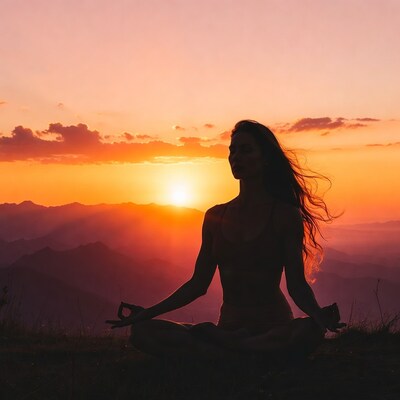 Woman in lotus pose at sunset