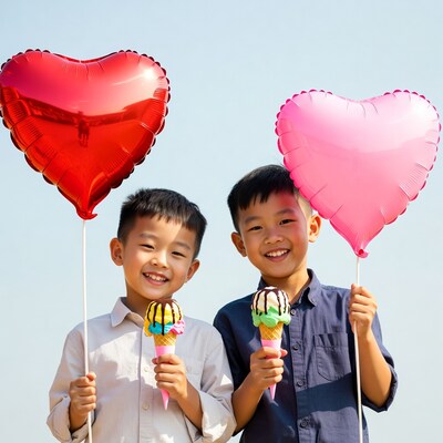 Asian boys holding heart balloons ice cream