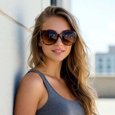 Woman in tortoiseshell sunglasses against wall