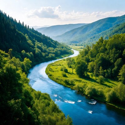 Winding River in Lush Forest Valley