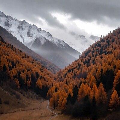 Autumn Larch Forest Snowy Mountains Valley