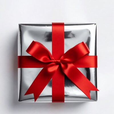 Silver gift box with red ribbon