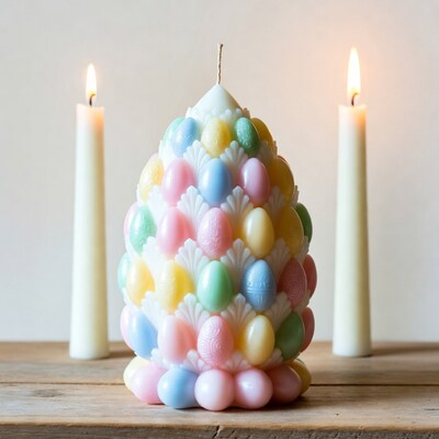 Easter Egg Candle with Lit Tapers