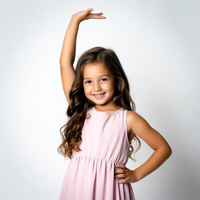 Smiling girl raising hand in pink dress