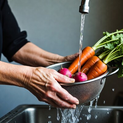 Woman washing carrots and radishes