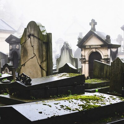 Misty Cemetery with Gravestones and Mausoleums