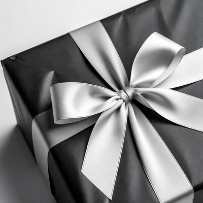 Black gift box with silver bow