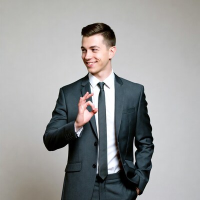 Young man in suit making OK sign