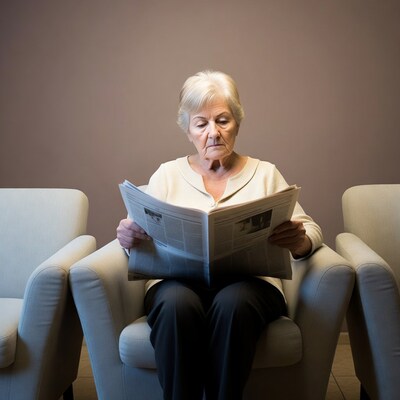 Elderly woman reading newspaper