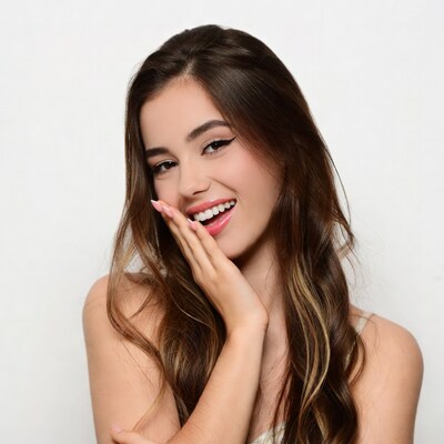Young woman smiling with hand on mouth