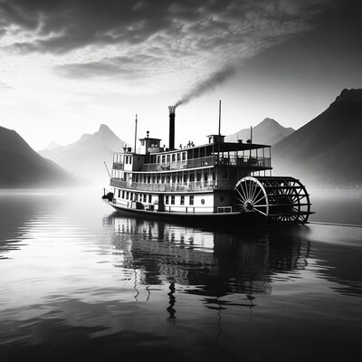 Paddle Steamship on Lake with Mountains
