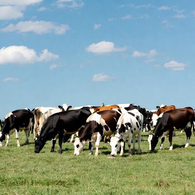 Herd of cows grazing in green pasture
