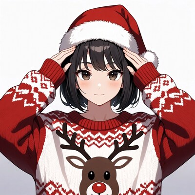 Anime girl in Santa hat reindeer sweater