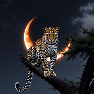 Leopard on branch under moon