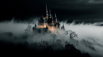 Gothic Castle in Foggy Night