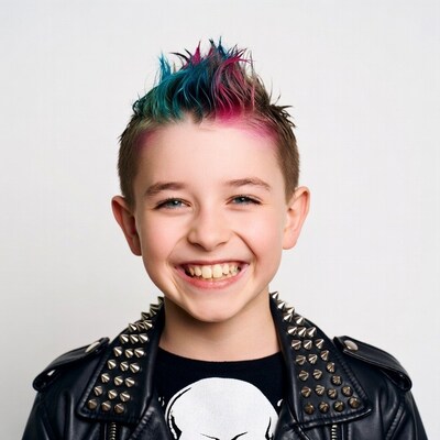 Boy with colorful mohawk and studded jacket