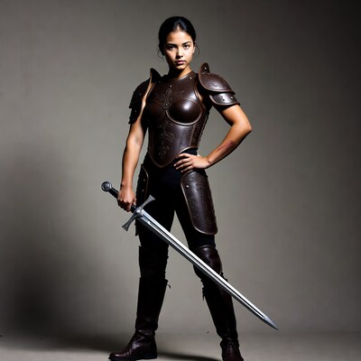 Latina woman in leather armor with sword