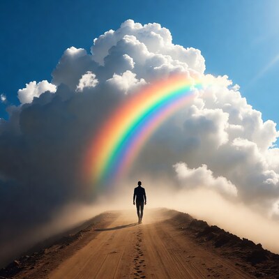Man walking toward rainbow on cloudy path