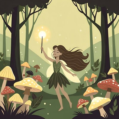 Fairy casting spell in mushroom forest