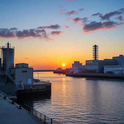 Industrial Harbor Sunset Over Water