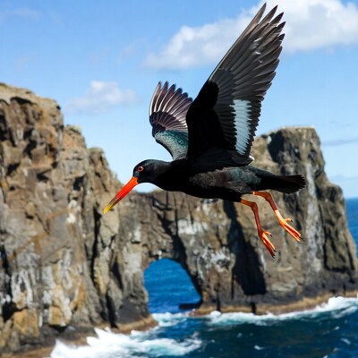 Black Oystercatcher Flying Over Coastal Arch