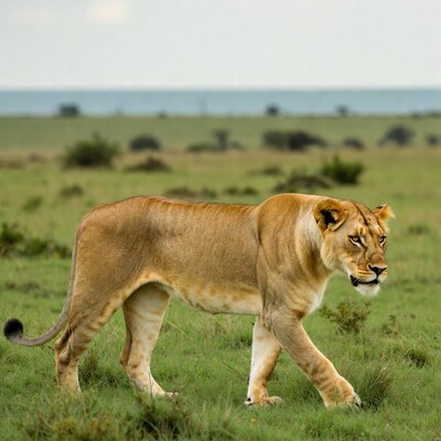 Lioness walking in savanna grass