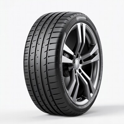 Black performance car tire on alloy wheel