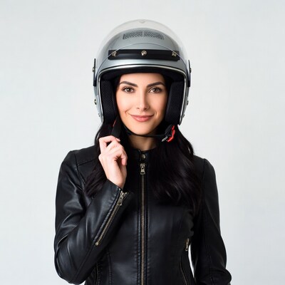 Woman wearing helmet and leather jacket