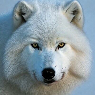 Closeup arctic wolf yellow eyes