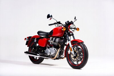 Red Royal Enfield motorcycle on white background