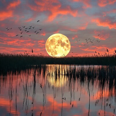 Full Moon Rising Over Reeds and Water