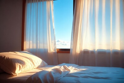 Bedroom window with sheer curtains and sunlight