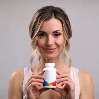 Woman holding supplement bottle