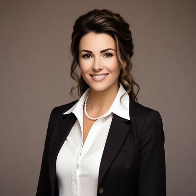 Smiling woman in black blazer suit