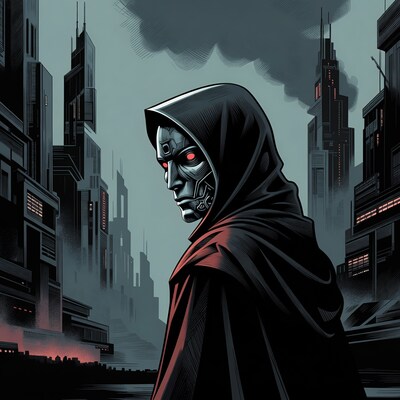 Hooded Cyborg in Cyberpunk City
