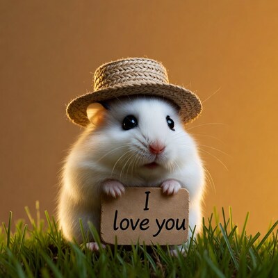 White hamster holding I love you sign