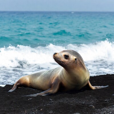 Sea lion on black sand beach