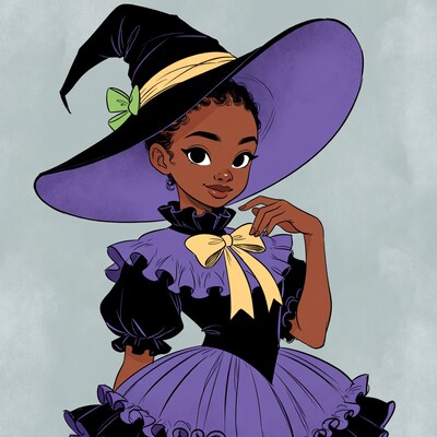 African-American girl in purple witch costume