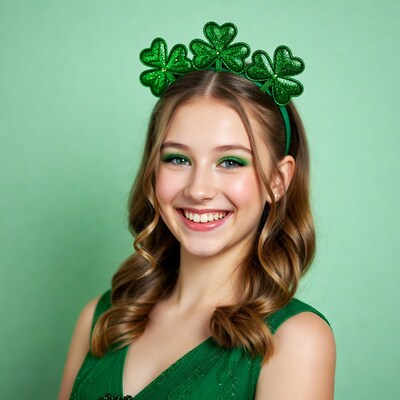 Girl smiling in shamrock headband