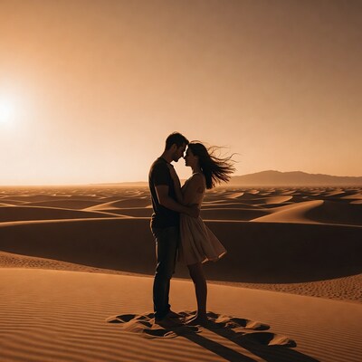 Couple embracing in desert sunset
