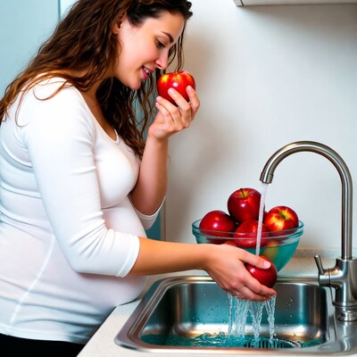 Pregnant woman washing apples in sink