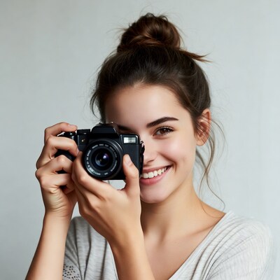 Woman holding camera smiling