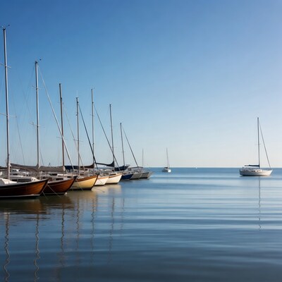 Sailboats docked in marina calm water