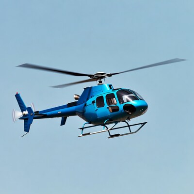 Blue helicopter flying in sky