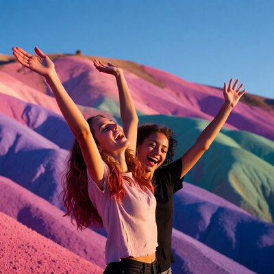 Two women arms raised colorful mountains