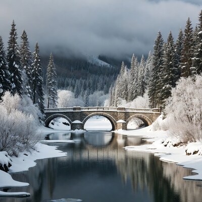 Snowy Stone Bridge over Frozen River